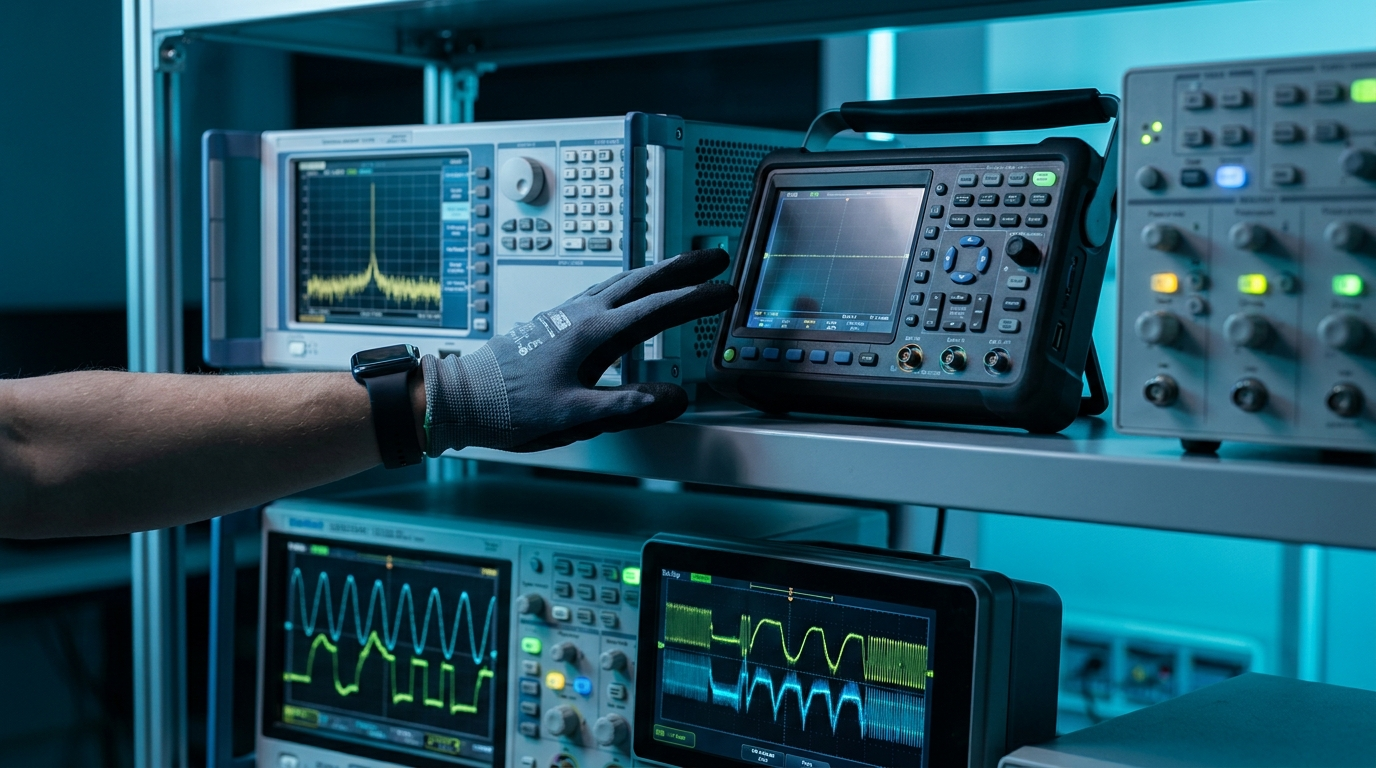 An engineer at a test bench comparing two arbitrary waveform generators against a written requirements sheet, with a spectrum analyzer and oscilloscope showing reference signals.
