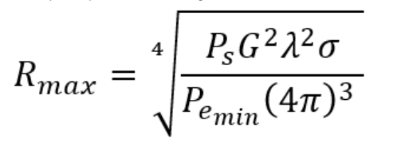 Equation showing maximum range doubling when antenna gain is quadrupled