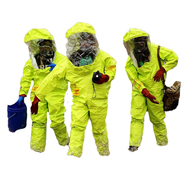Hot-zone responders in Level A PPE, PRD on belt for continuous monitoring, RIID on demand for identification.