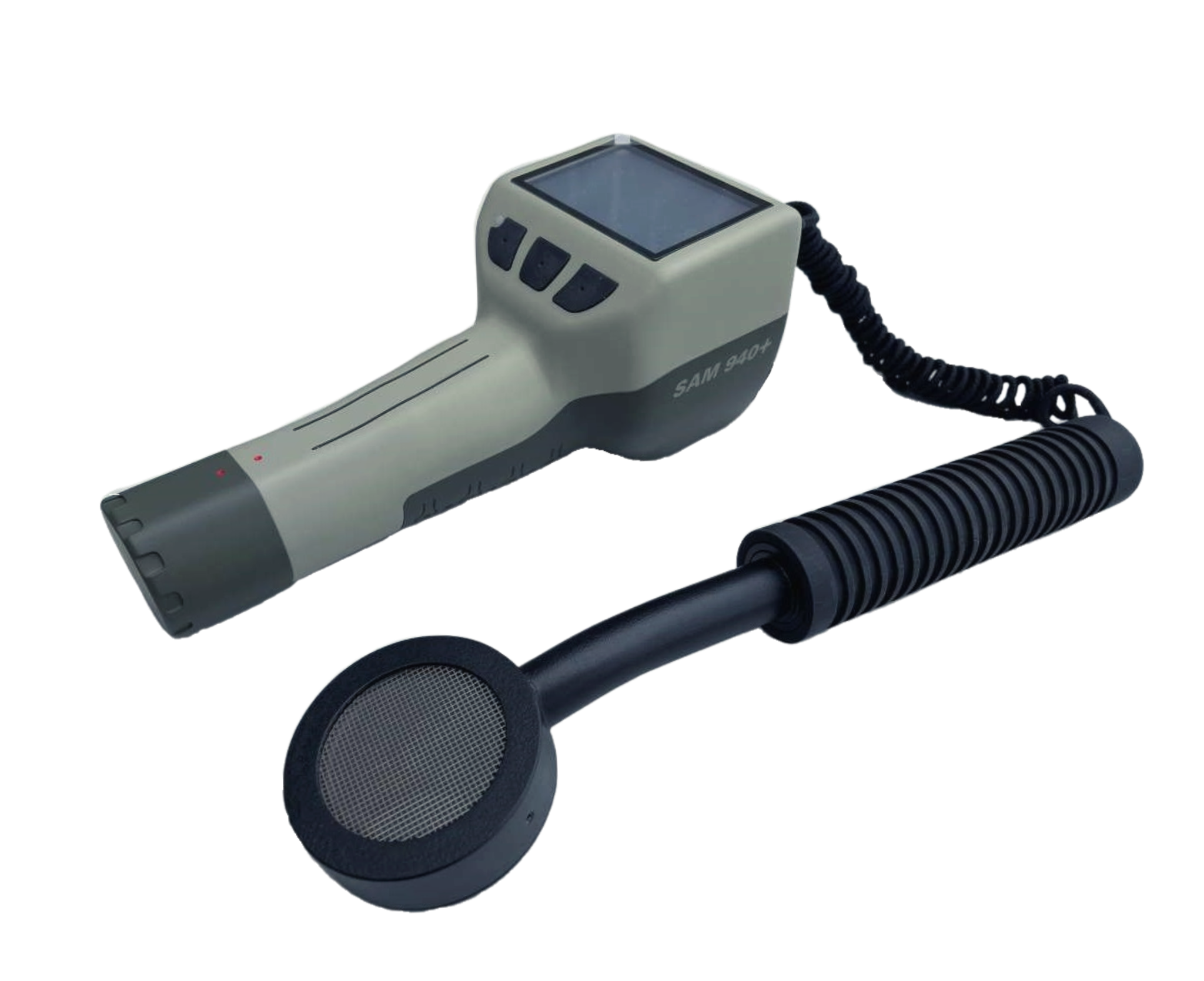 SAM 940 with telescoping survey wand, useful for hard-to-reach scans without breaking ALARA distance.