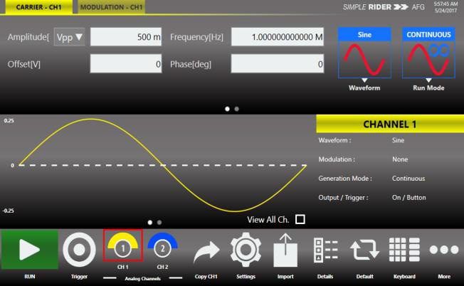 Simple Rider AFG mode screen showing carrier setup, waveform preview, and channel status