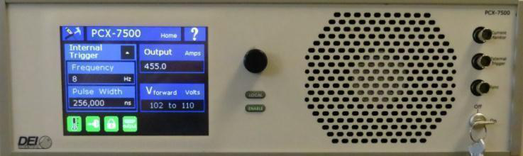 PCX-7500 front panel with color QVGA LCD showing output current, frequency, pulse width, and forward voltage