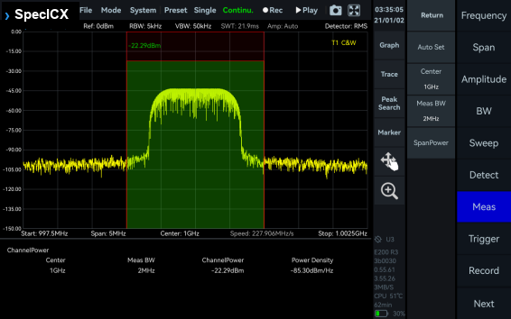 Channel Power measurement screen on the ICX-FieldHawk
