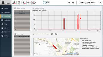 PeakGO Event Log Screen with dose rate history, event list, and map location