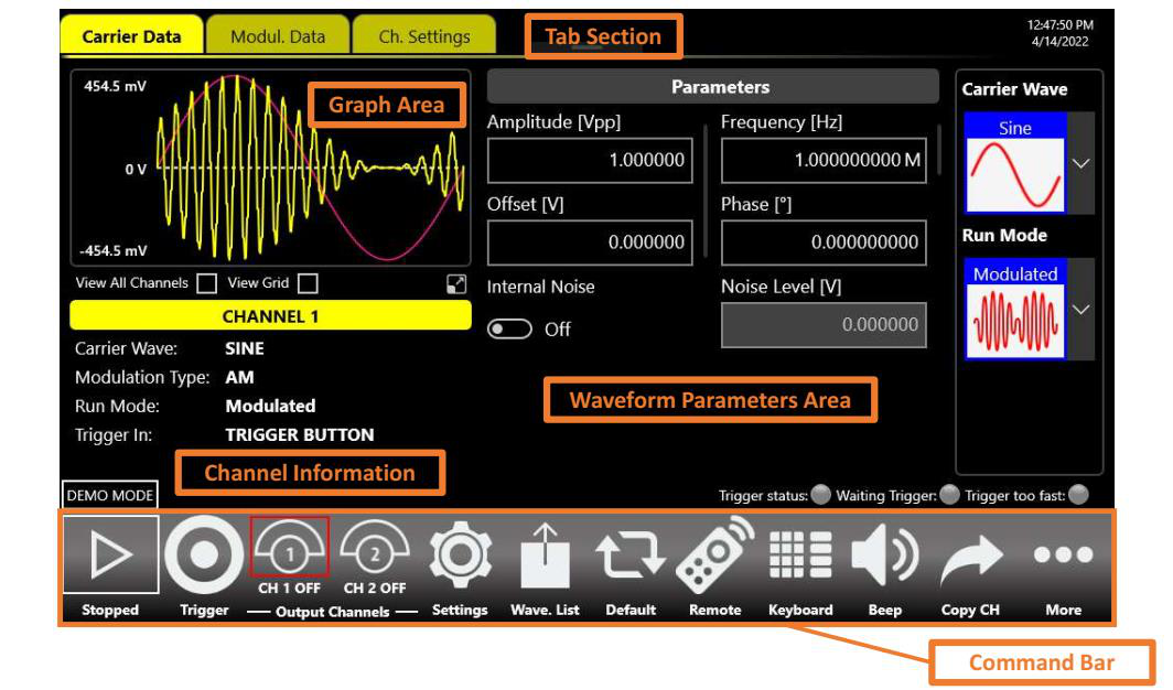 Simple AFG user interface showing the Carrier and Secondary tabs, Graph Area, Channel Information, and Command Bar.