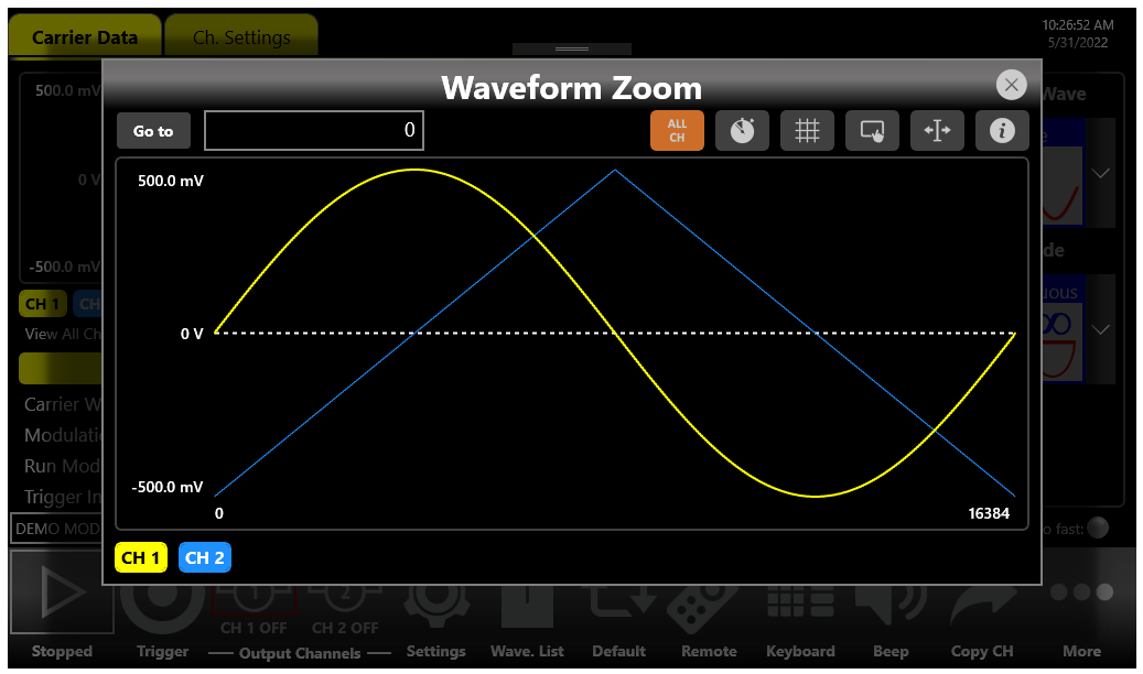 Waveform Zoom panel displaying a sine waveform with the Times Scale enabled and the zoom command bar.