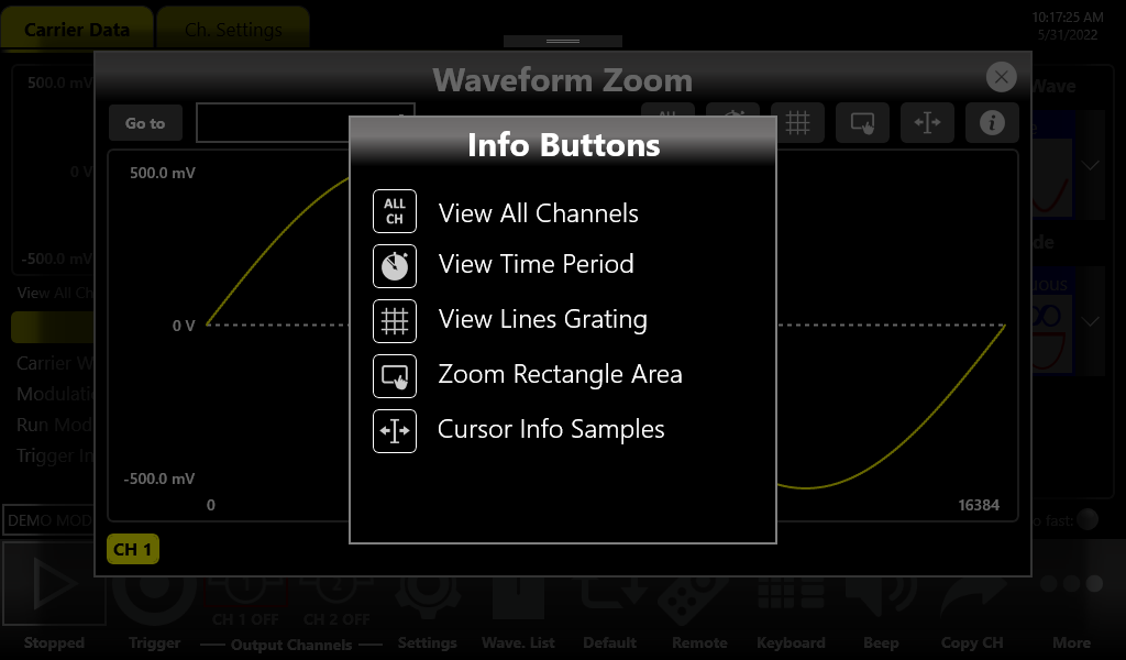 Channel Information panel for CHANNEL 1 listing Carrier Wave SINE, Modulation Type None, Run Mode Continuous, Trigger In TRIGGER BUTTON.