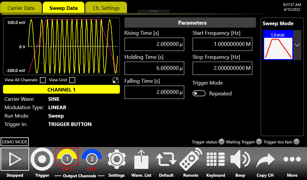 Sweep Data tab showing Sweep Mode Linear, Rising/Holding/Falling Time, Start and Stop Frequency, and Trigger Mode.