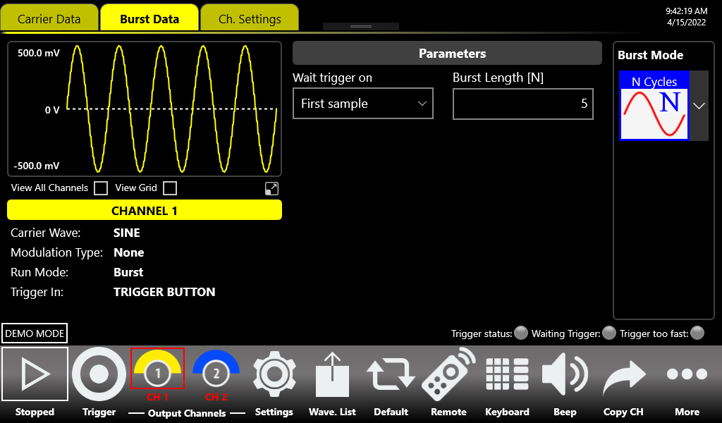 Burst Data tab showing Burst Mode N Cycles, Wait trigger on First sample, and Burst Length [N] = 5.