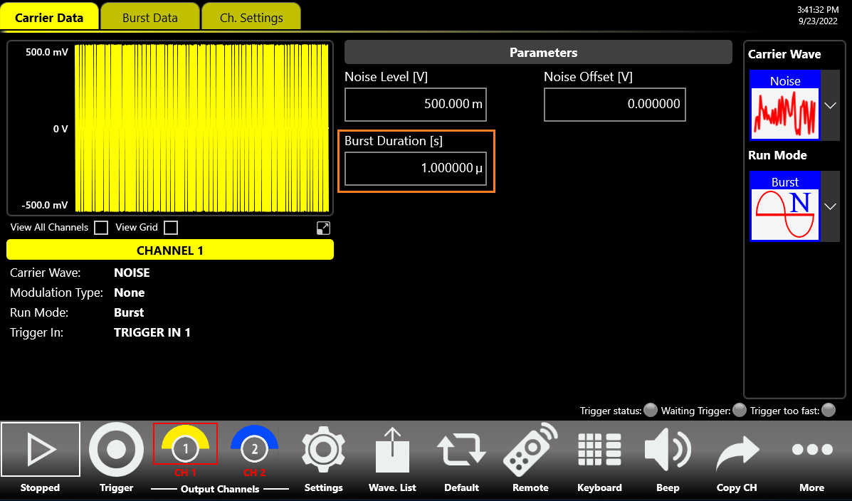 N-Cycles Burst Data tab with a sine carrier.