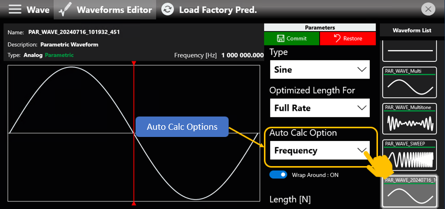 Auto Calc Option drop-down highlighted in the parametric waveform editor for a Sine waveform.