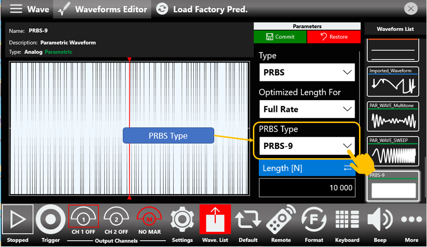 PRBS parametric waveform editor with the PRBS Type drop-down set to PRBS-9.
