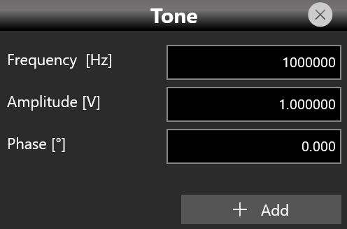 Tone dialog with Frequency, Amplitude and Phase fields and an Add button.