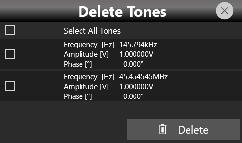 Delete Tones submenu listing queued tones with checkboxes, a Select All Tones option and a Delete button.