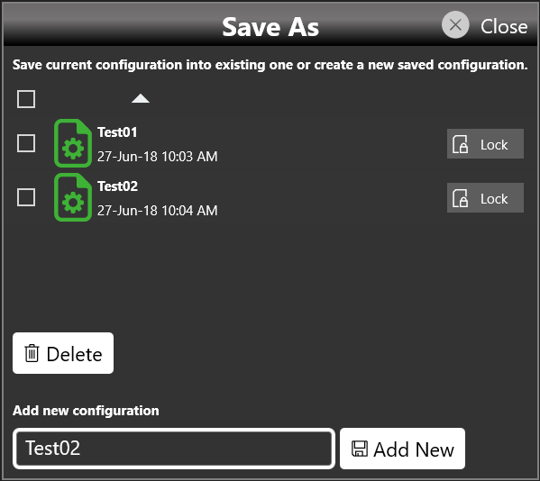 Save As dialog listing saved configurations with Lock buttons, a Delete button and an Add new configuration field.