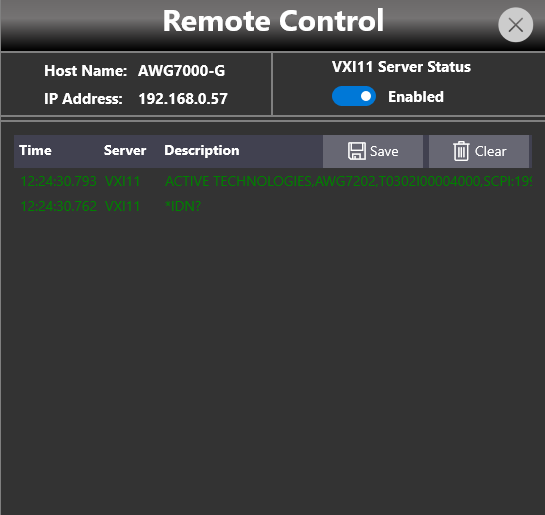 Remote Control page showing the VXI11 server status, host name, IP address, and command log