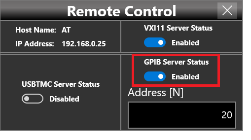 Remote Control Panel with GPIB Server Status enabled and Address set to 20