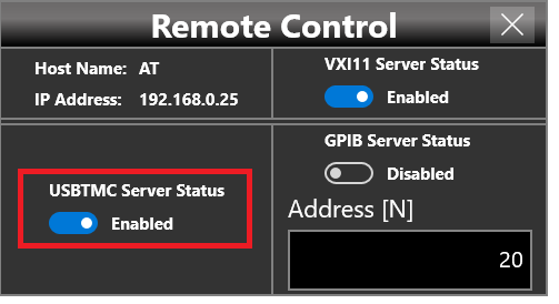 Remote Control Panel with USBTMC Server Status enabled