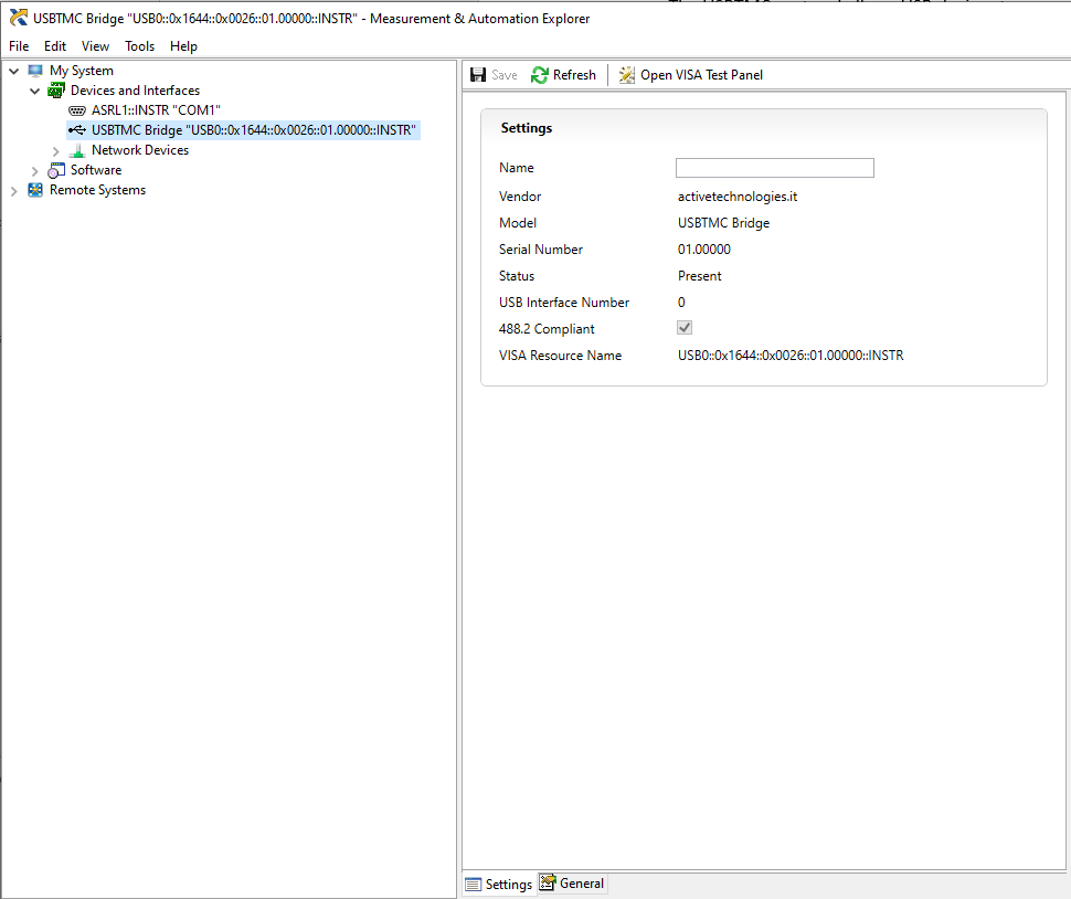 NI Measurement and Automation Explorer showing the recognized USBTMC Bridge device and its VISA resource name