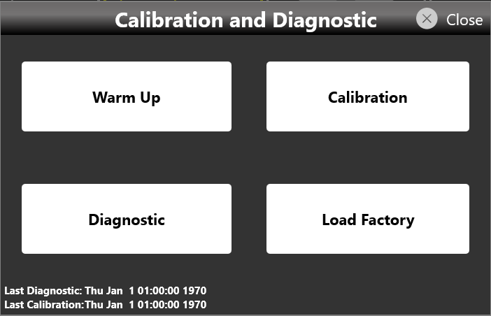 Calibration and Diagnostic page with Warm Up, Calibration, Diagnostic, and Load Factory buttons
