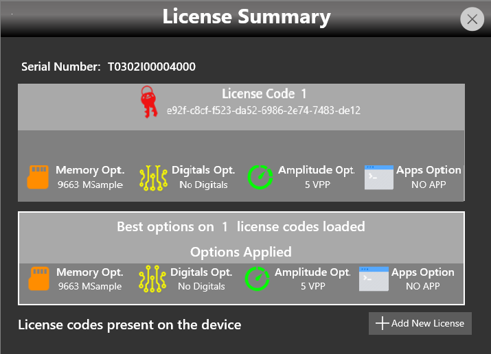 License Summary page showing serial number, license code, and applied options