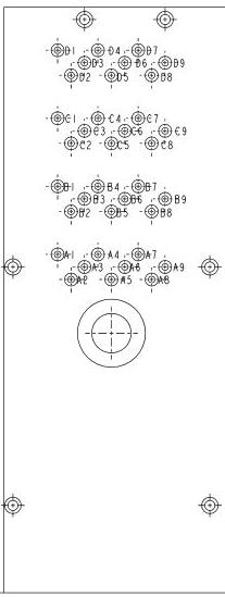 Mini-SAS HD connector face with labeled pin rows A through D