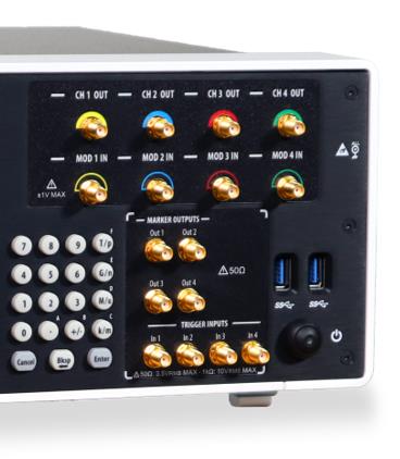 Front-panel detail of the Model 686 showing channel outputs, modulation inputs, marker outputs, trigger inputs, and the numeric keypad.