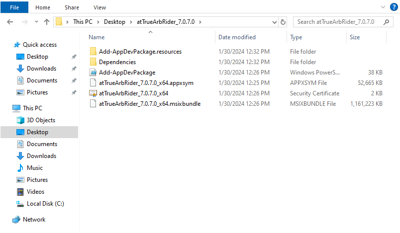 Windows File Explorer showing the decompressed TrueArb setup package contents.