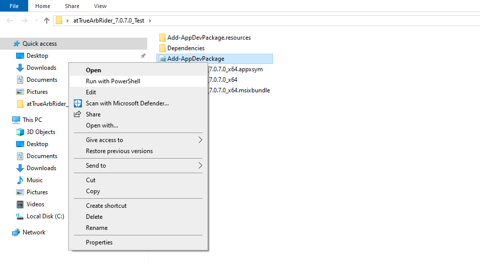 Right-click context menu on the Add-AppDevPackage file with Run with PowerShell highlighted.