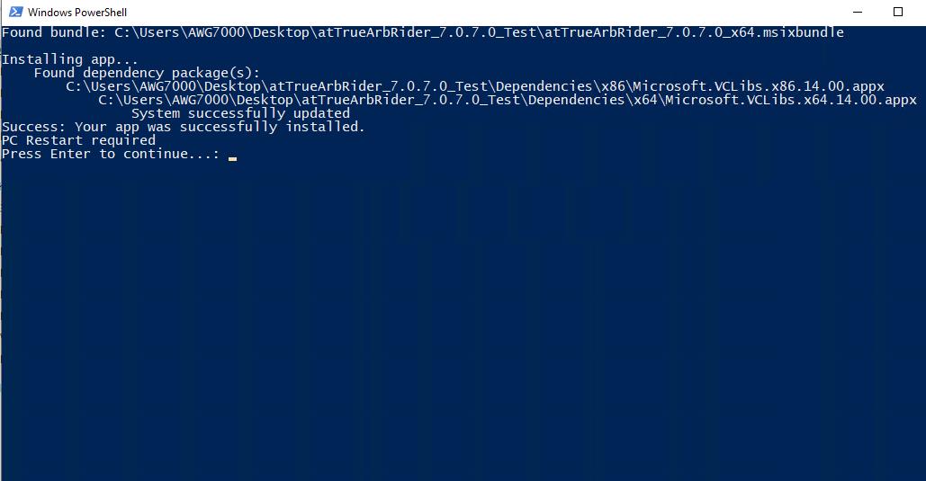 Windows PowerShell window confirming the TrueArb application installed successfully.