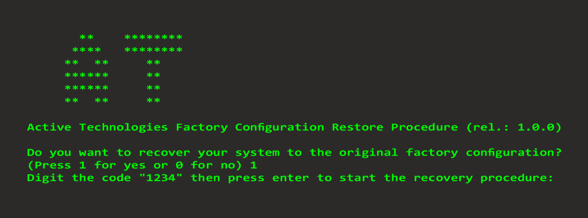 Console screen of the Berkeley Nucleonics factory configuration restore procedure prompting for the confirmation code.