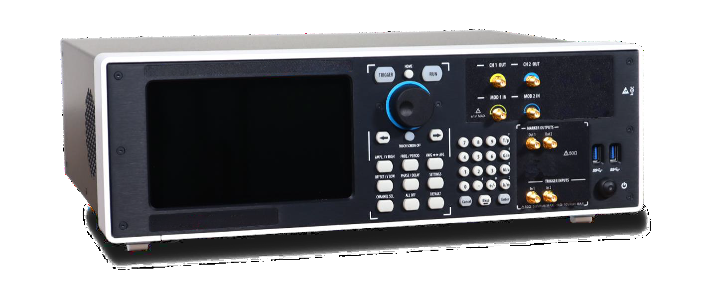 Front view of the Model 686 arbitrary waveform generator with touch screen, rotary knob, keypad, and SMA outputs.