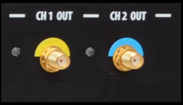 Model 686 front-panel CH1 OUT and CH2 OUT SMA output connectors