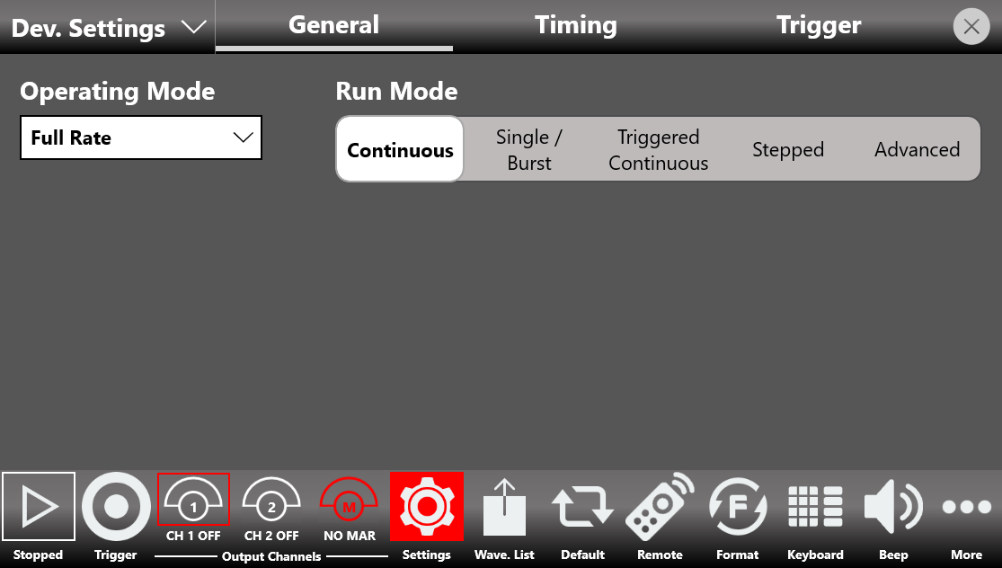 Model 686 TrueArb Device Settings General page with Run Mode set to Continuous
