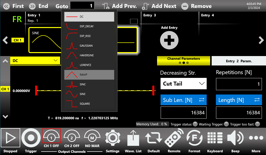 Sequencer entry with the waveform type dropdown open showing DC, RAMP, SINE and other shapes