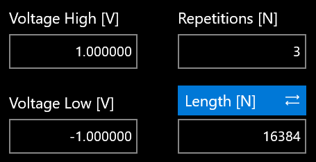 Voltage High, Voltage Low, Repetitions and Length parameter fields for a sequencer entry