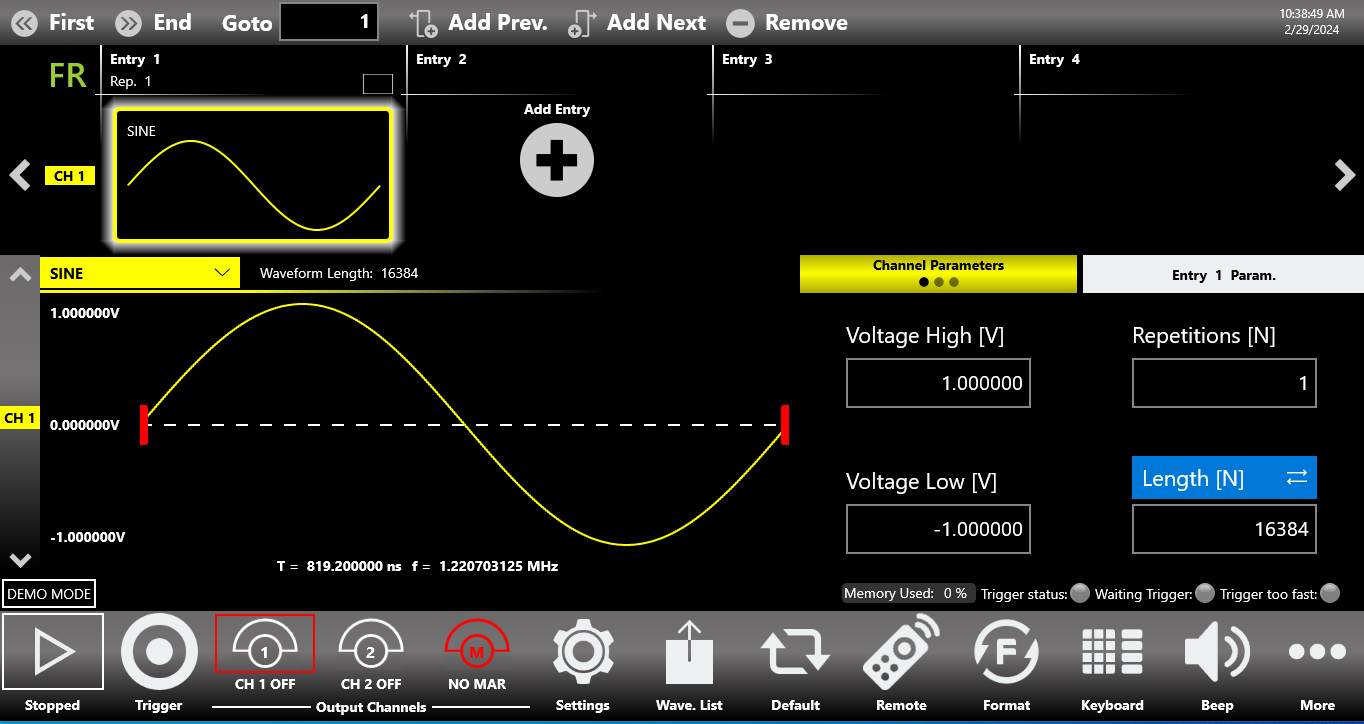 TrueArb user interface showing Sequencer Area, Sequencer Toolbar, Waveform Area, and Command Bar