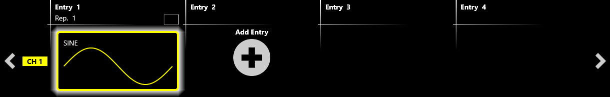 Sequencer entries strip with Entry 1 holding a sine waveform on CH1 and the Add Entry button