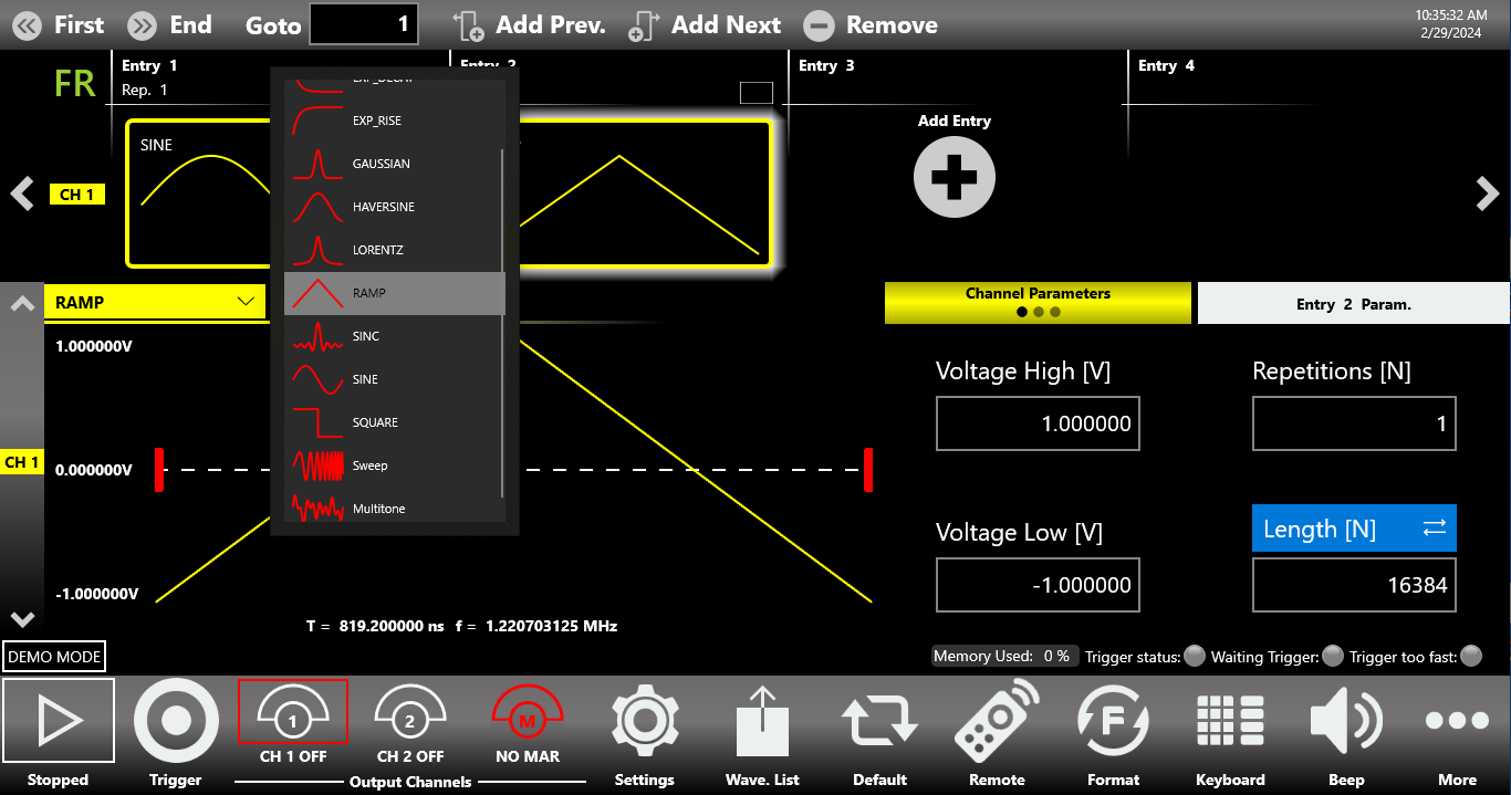 Touch gestures: swipe up or down to change channel, swipe left or right to navigate entries