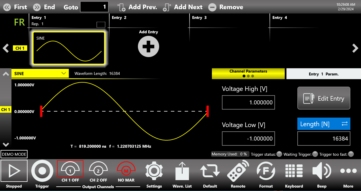Changing the output channel and selecting a waveform from the dropdown list