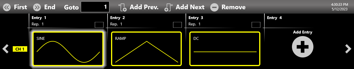Sequencer toolbar with First, End, Goto, Add Prev., Add Next and Remove buttons above the entries