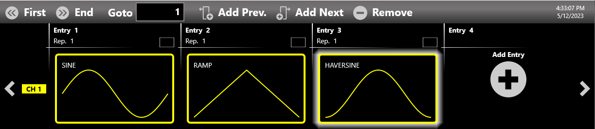 Sequencer toolbar above three entries holding SINE, RAMP and HAVERSINE waveforms