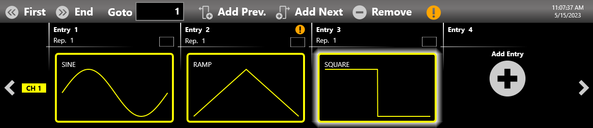 Sequencer with SINE, RAMP and SQUARE entries showing warning icons where the lengths differ
