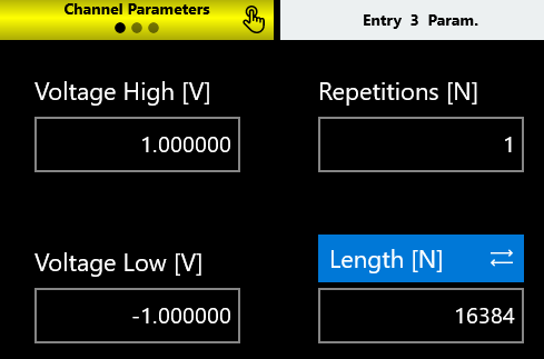 Channel Parameters and Entry Parameters panel with Voltage High, Voltage Low, Repetitions and Length fields