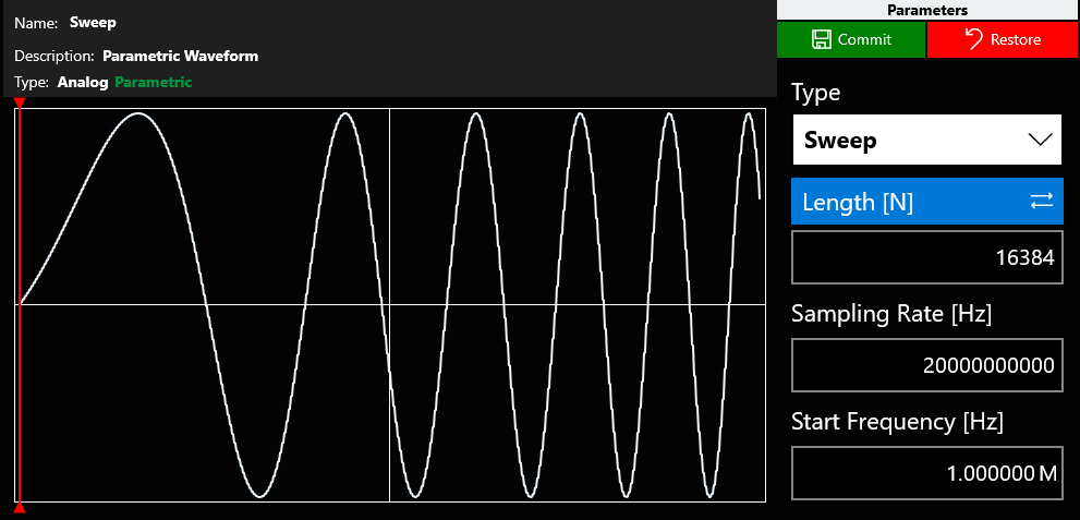 Parametric Sweep waveform definition in the Waveform List, with Type Sweep, Length and Sampling Rate