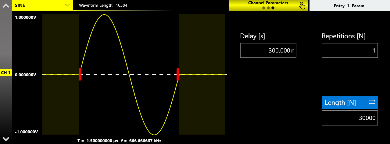 Delay parameter shown in samples and in time with draggable red cursors