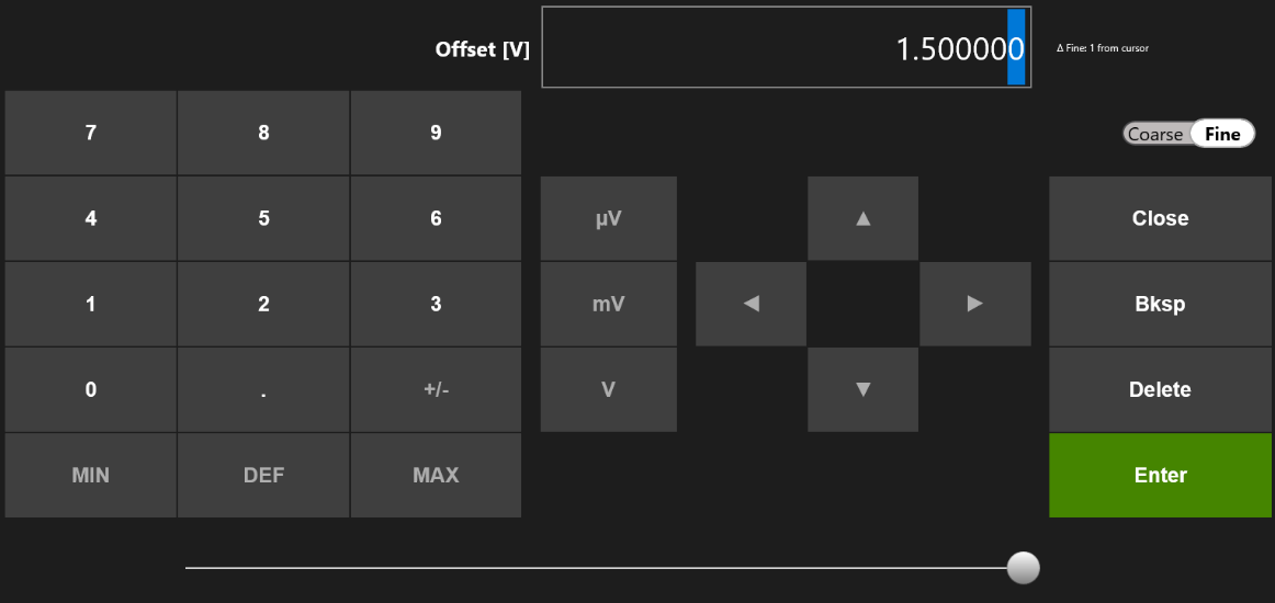 Virtual numeric keypad with callouts for value area, keypad, arrows, units, coarse and fine, control buttons, and scrollbar