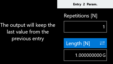 Channel 2 Entry 2 parameters noting that the output keeps the last value from the previous entry