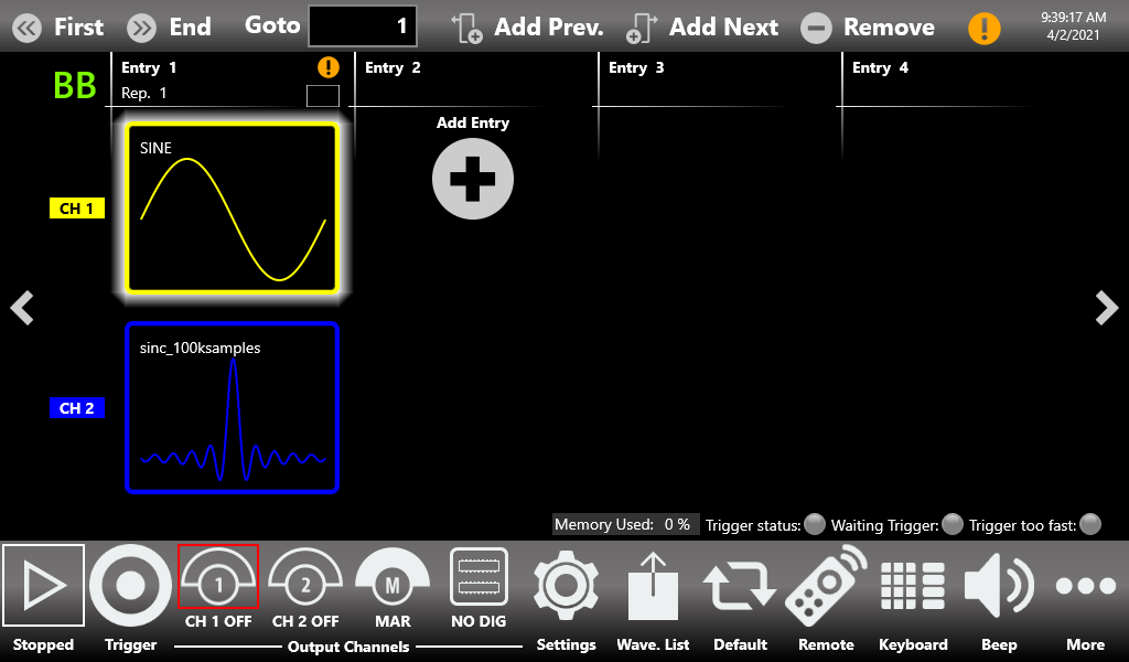 Sequencer with a SINE waveform on CH1 and an imported sinc_100ksamples waveform on CH2