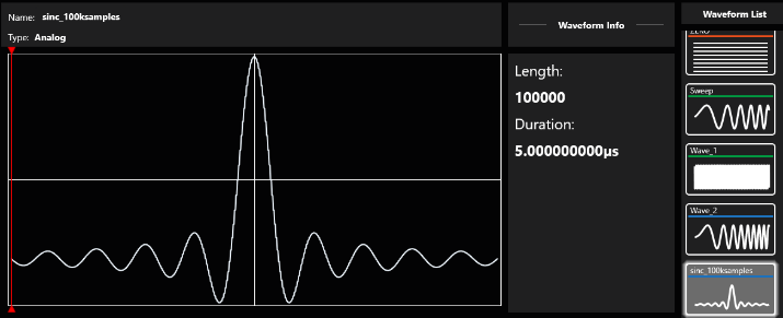 Waveform Info for sinc_100ksamples showing a length of 100000 samples and a 5 microsecond duration